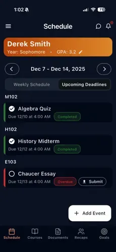 A phone screen listing upcoming assignments with their due dates, flagging which are overdue and which have been submitted.