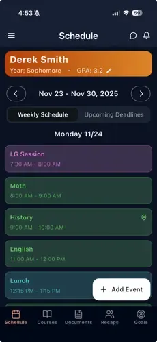A phone screen showing a coaching week laid out day by day, each day listing its scheduled sessions and commitments.