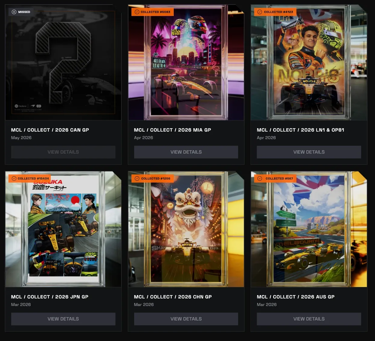 The season archive as a grid of collectible artworks, with the ones already owned shown in full colour and the missed ones dimmed.