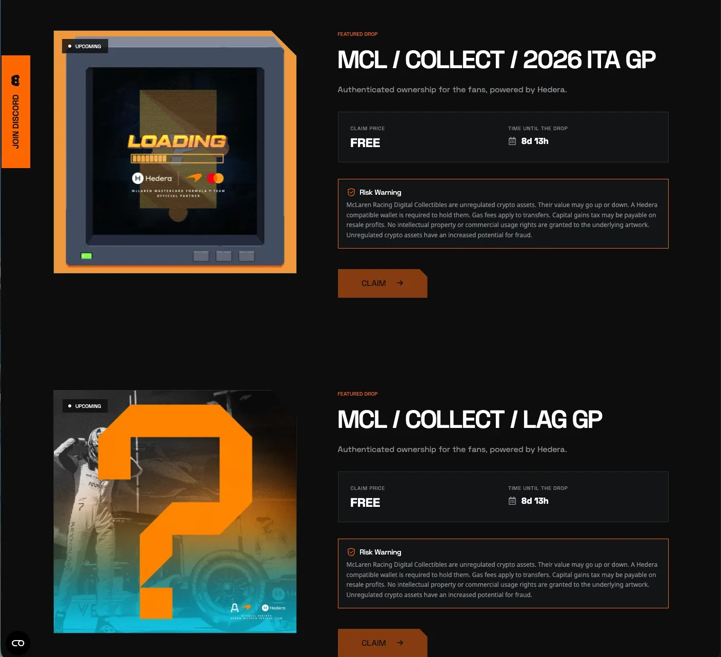 A list of upcoming collectible drops, each card showing the race it belongs to, its claim window and whether the fan is eligible to claim it.