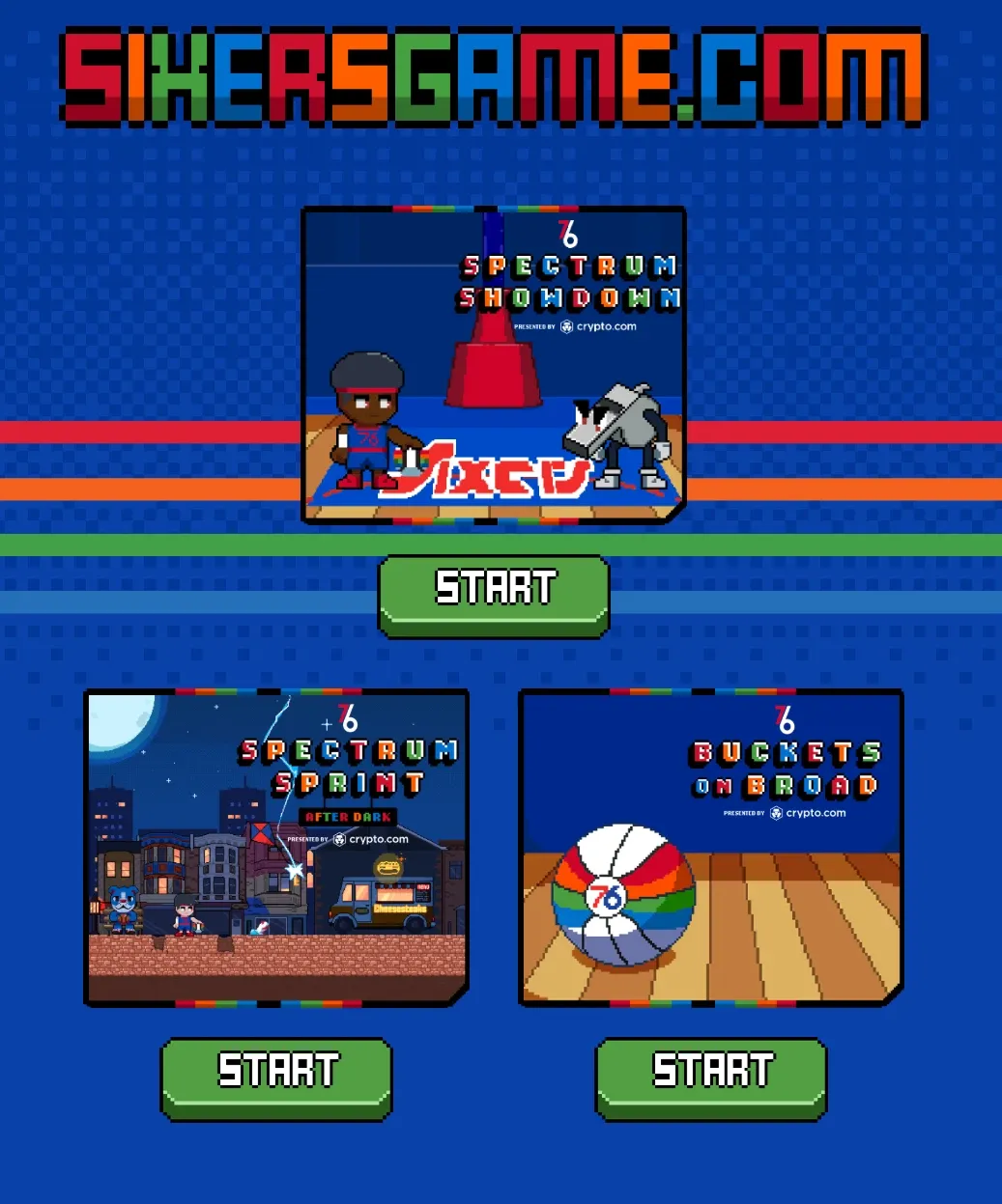 The games hub menu on a blue 76ers-branded background, offering three arcade titles to choose from.