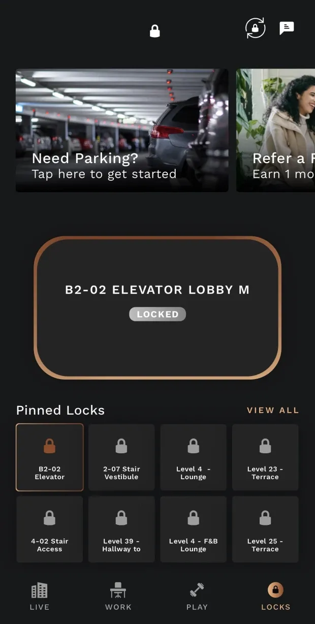 The LOCKS tab showing one large door card reading B2-02 Elevator Lobby M with a LOCKED badge, above a grid of eight pinned doors — stair vestibules, lounges and terraces across several floors.
