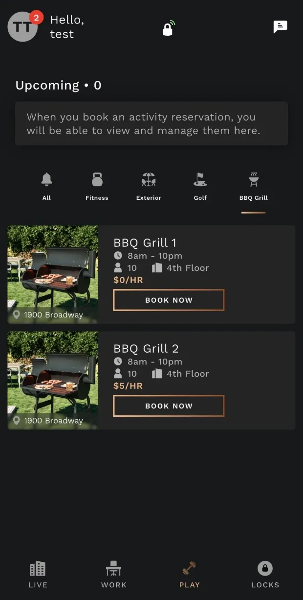 The PLAY tab, filtered to BBQ Grill, listing two grills at 1900 Broadway with opening hours, capacity, floor and an hourly rate. The other filters read Fitness, Exterior and Golf.