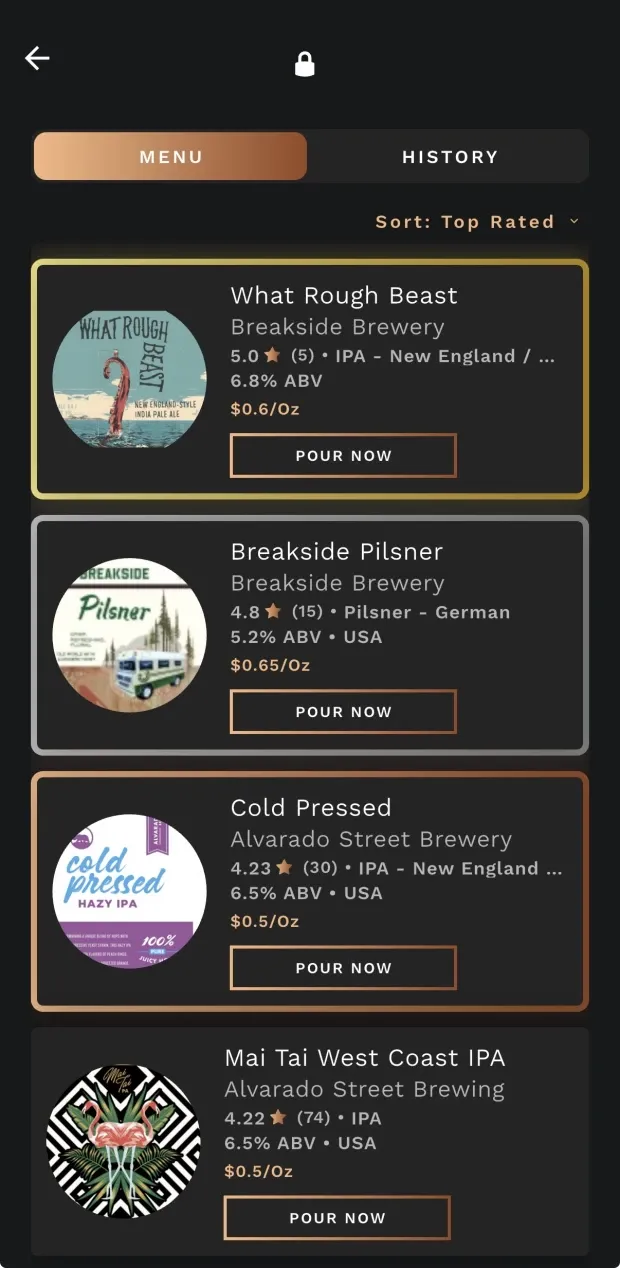The Tap Room screen, reached from the LIVE tab, with Menu and History tabs and a Top Rated sort. Four beers are listed, each with its brewery, star rating, style, ABV and a price per ounce, above a Pour Now button.