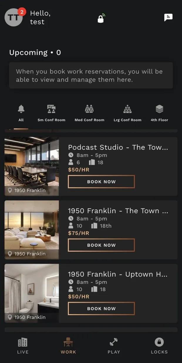 The WORK tab, filtered by room size, listing bookable workspaces at 1950 Franklin — a podcast studio and two lounges — each with opening hours, capacity, floor, an hourly rate and a Book Now button.