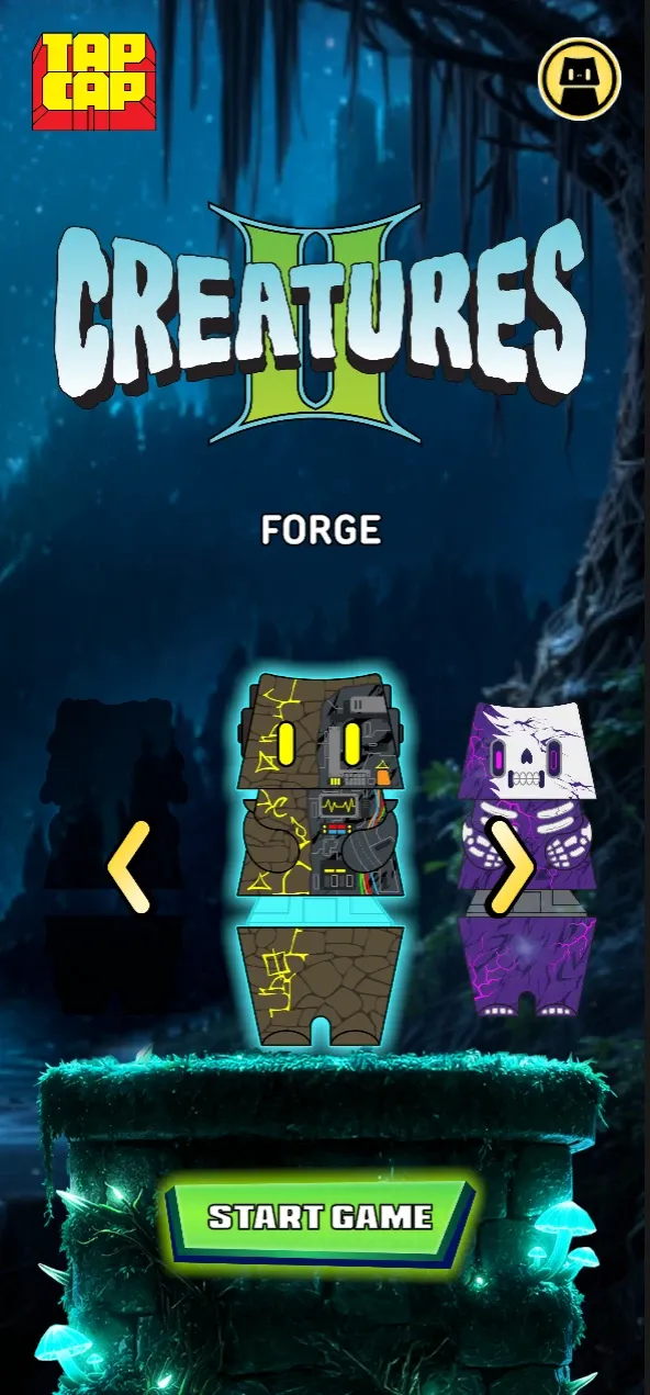 A phone screen showing the character selection and customisation screen, with a roster of characters to pick from and a button to start playing.