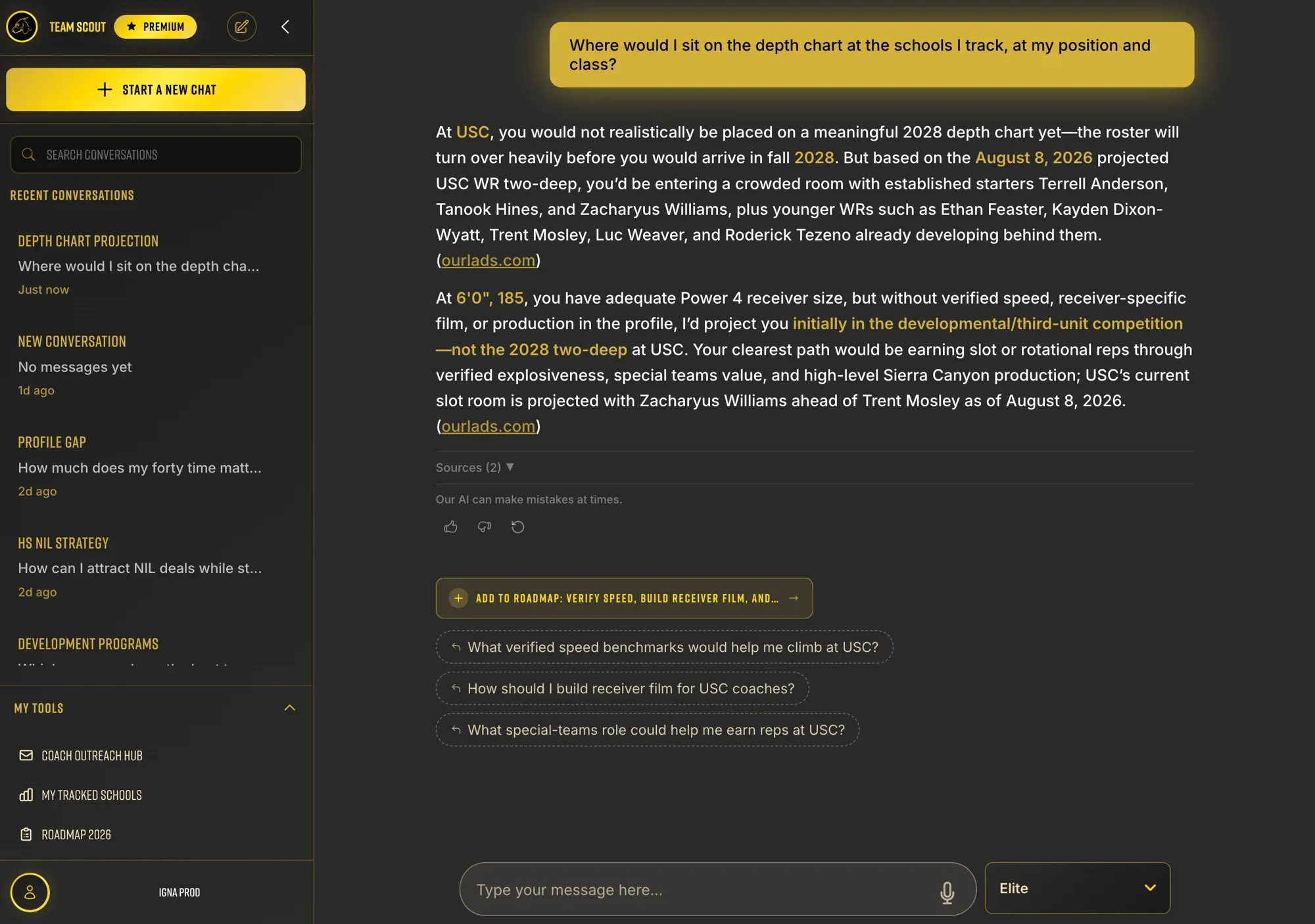 The recruiting advisor answering a depth-chart question with a program-by-program breakdown and cited sources.