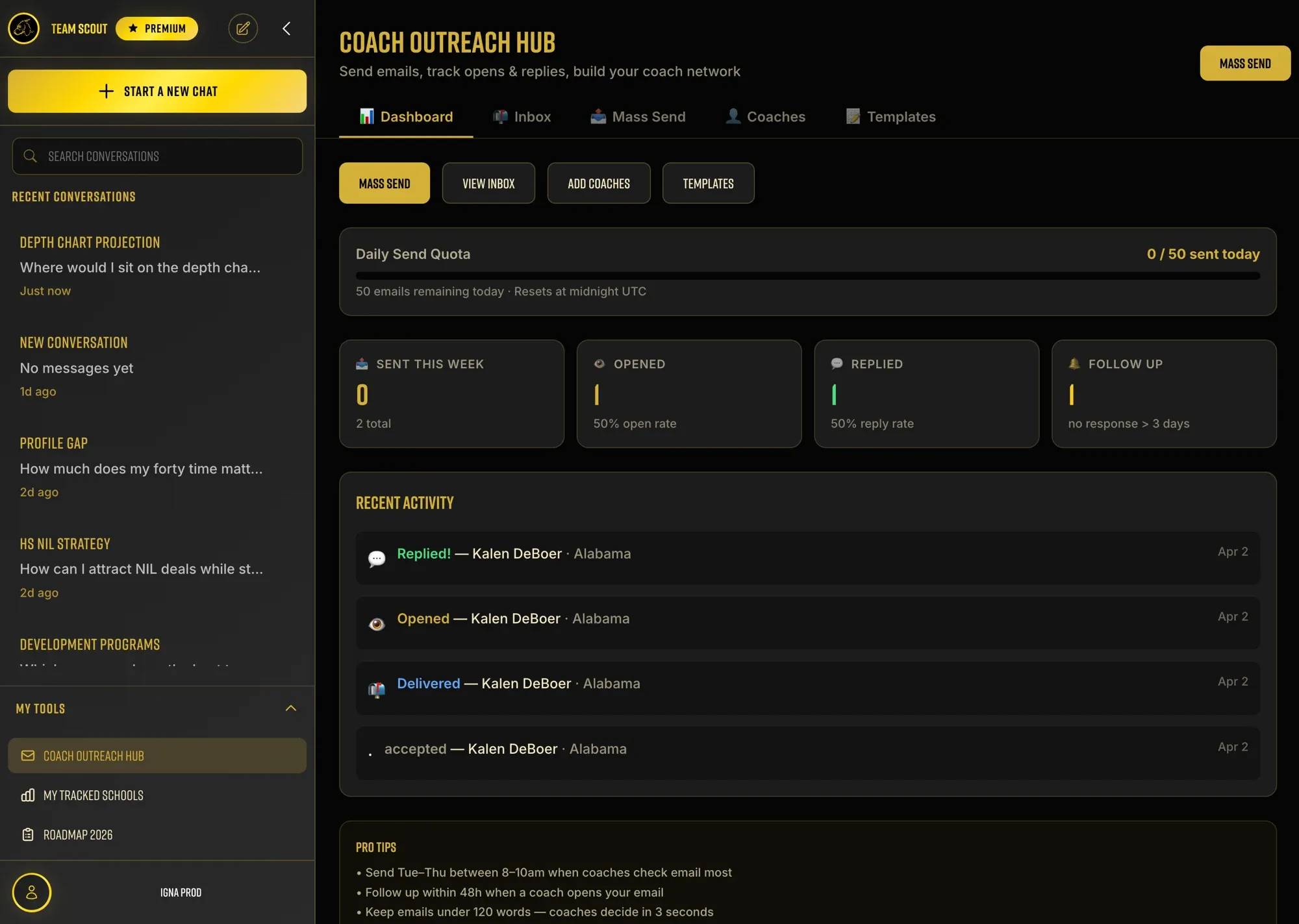 A coach outreach dashboard showing send quota, open and reply rates, and a timeline of delivered, opened and replied events.