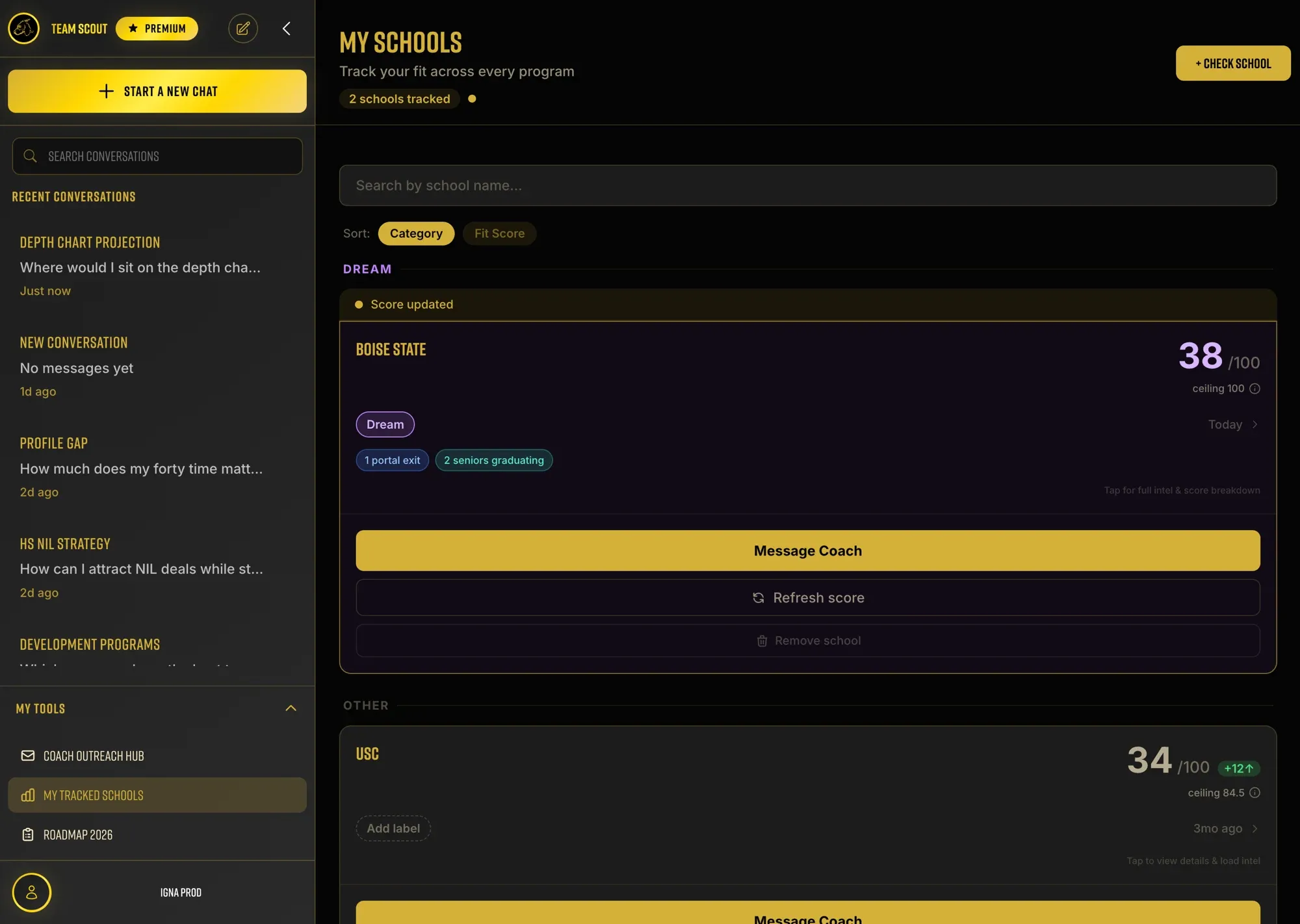 A tracked-schools board scoring each program out of 100 with a fit ceiling, category label and roster-movement tags.